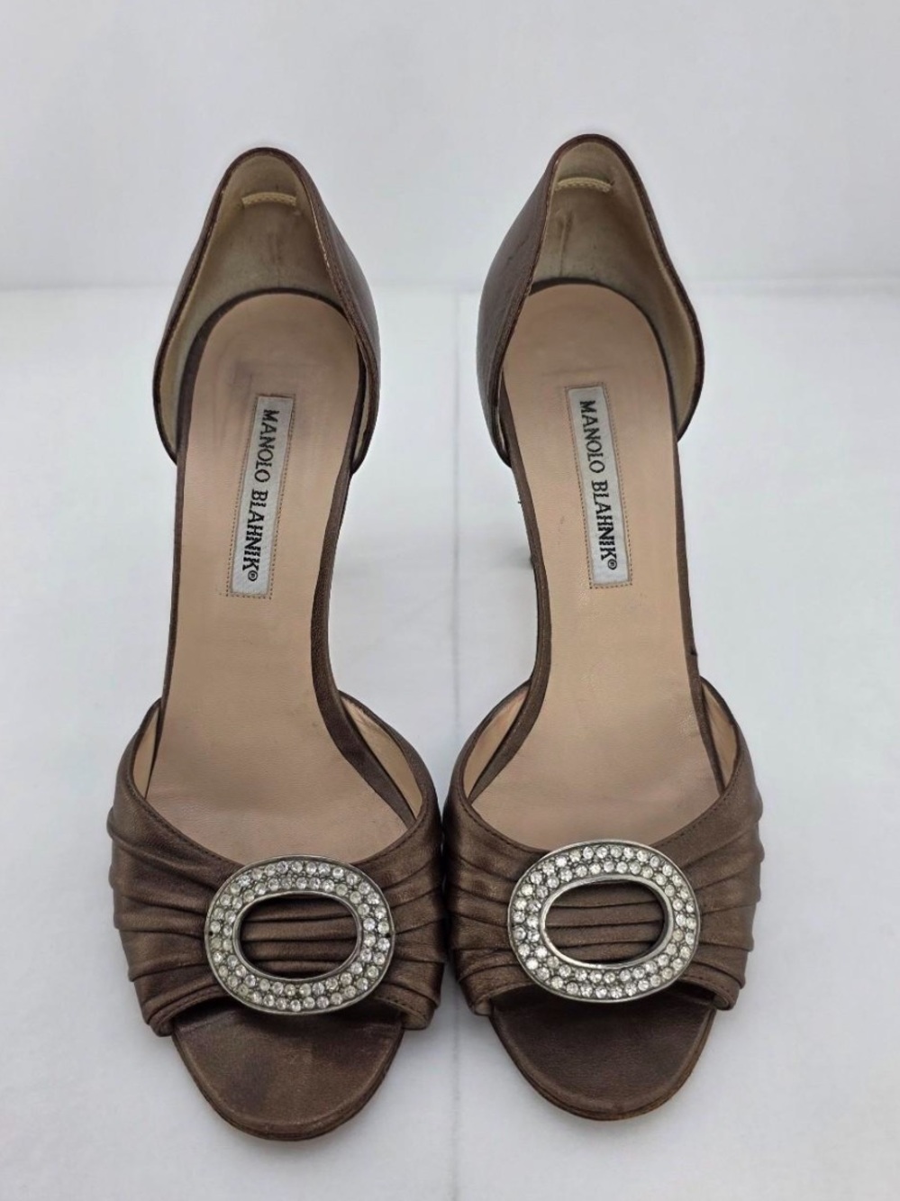 Vintage Serdaraby Manolo Blahnik’s Bronze Satin D'Orsay Heels with Rhinestones